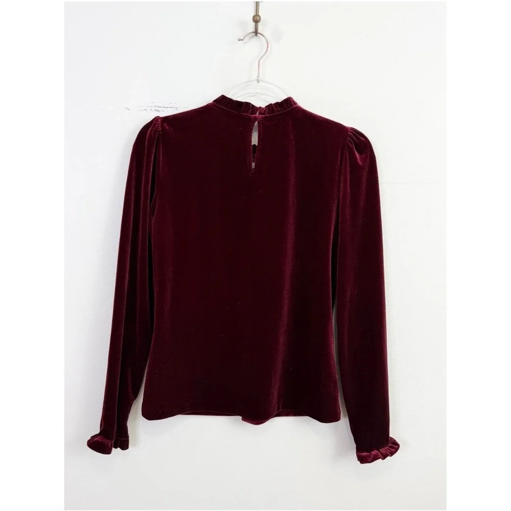 Boden Burgundy Velvet Ruffle Neck Puff Sleeve Top US 6